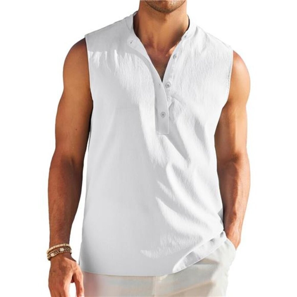 Casual Henley Tank Top Men White Sleeveless Summer